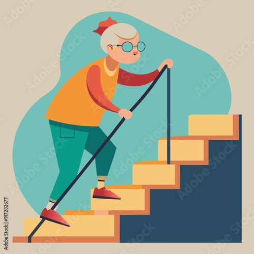 An elderly lady climbing a stair. Granny walks upstairs. Old lady climbing a stair. Grandma with a stick