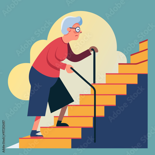 An elderly lady climbing a stair. Granny walks upstairs. Old lady climbing a stair. Grandma with a stick