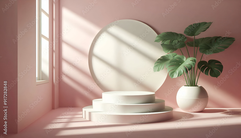 3D Render Pastel Pink Podiums With Soft Shadows And A White Vase With Tropical Leaves Casting A Shadow. Cosmetic Or Beauty Product Promotion, Abstract Minimal Advertise. Copy Space Mockup. 3D Render Pastel Pink Podiums With Soft Shadows And A White Vase With Tropical Leaves Casting A Shadow. Cosmetic Or Beauty Product Promotion, Abstract Minimal Advertise. Copy Space Mockup.