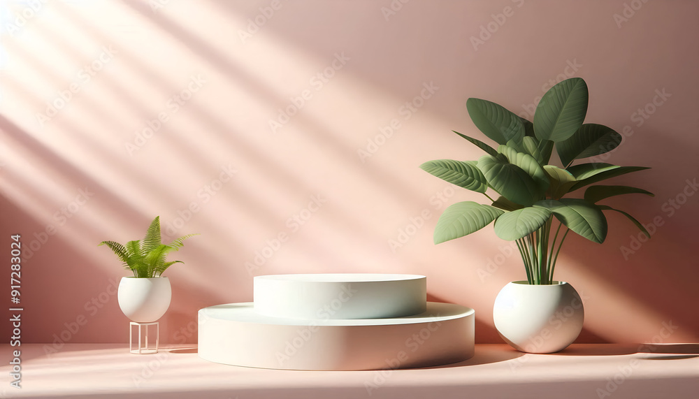 3D Render Pastel Pink Podiums With Soft Shadows And A White Vase With Tropical Leaves Casting A Shadow. Cosmetic Or Beauty Product Promotion, Abstract Minimal Advertise. Copy Space Mockup. 3D Render Pastel Pink Podiums With Soft Shadows And A White Vase With Tropical Leaves Casting A Shadow. Cosmetic Or Beauty Product Promotion, Abstract Minimal Advertise. Copy Space Mockup.