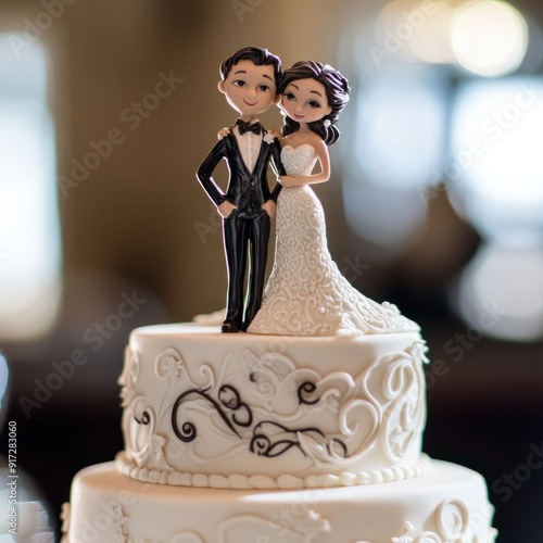 Wedding Cake Topper: A charming figurine of a bride and groom, dressed in their wedding attire, stands atop a tiered white wedding cake, symbolizing the joy and commitment of a new beginning. 
