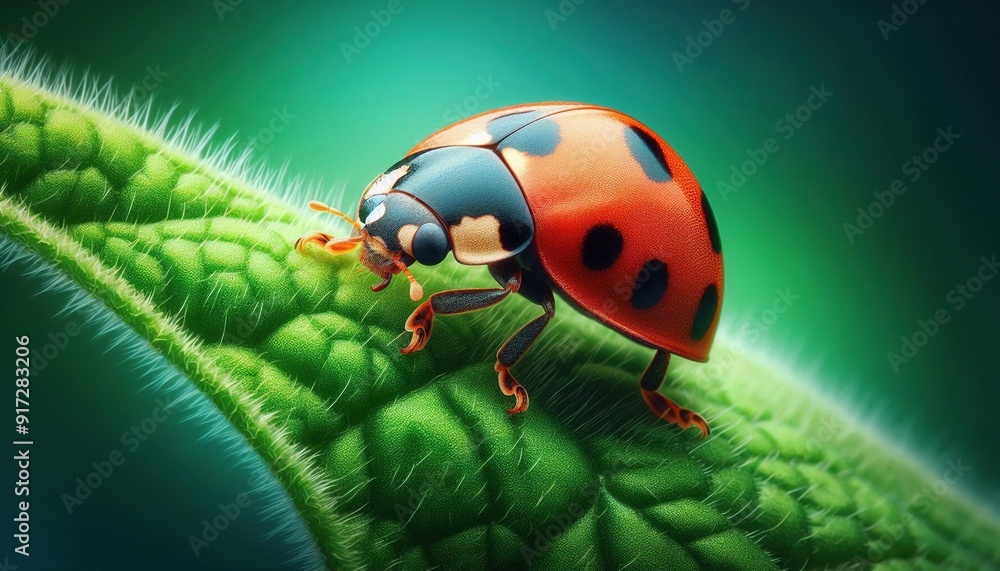 Fototapeta premium A close-up of a ladybug crawling on a green leaf.