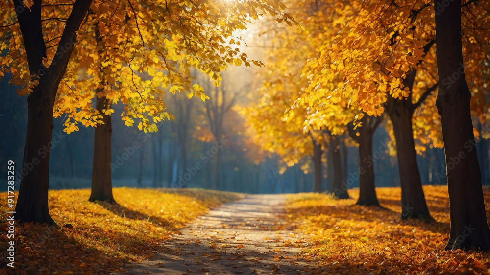 Fototapeta premium Sunlight filters through the autumn trees in a foggy forest, casting shadows on the fallen leaves below.