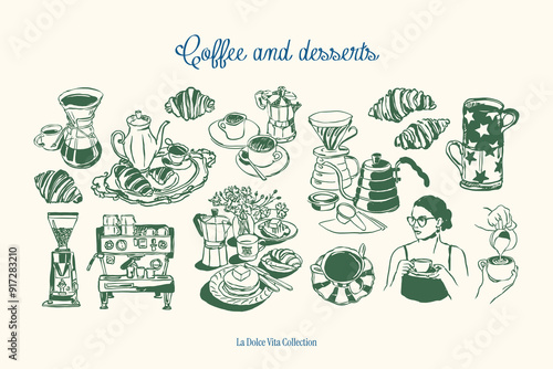 Minimalist hand drawn food and beverages vector illustration collection. Art for greeting cards, wedding invitations, poster design, postcards, branding, logo design, background.