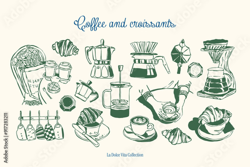 Minimalist hand drawn food and beverages vector illustration collection. Art for greeting cards, wedding invitations, poster design, postcards, branding, logo design, background.