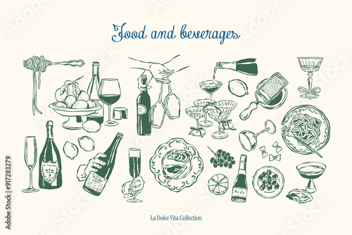 Minimalist hand drawn food and beverages vector illustration collection. Art for greeting cards, wedding invitations, poster design, postcards, branding, logo design, background.