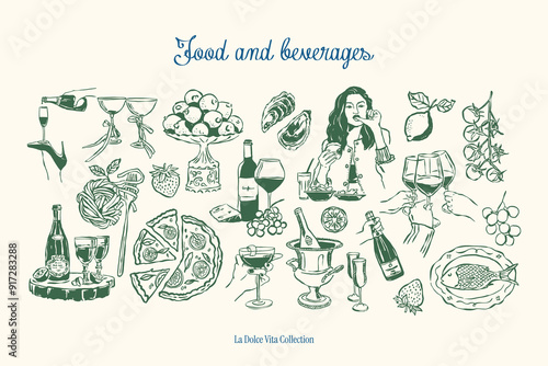 Minimalist hand drawn food and beverages vector illustration collection. Art for greeting cards, wedding invitations, poster design, postcards, branding, logo design, background.