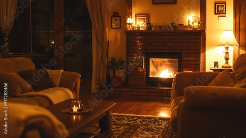  A cozy living room with a fireplace comfortable sofa and warm lighting 