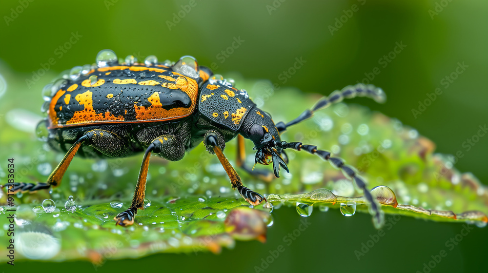 A close-up of a buprestis beetle perched on a leaf covered in droplets in a lush green garden after rain. Generative AI. A close-up of a buprestis beetle perched on a leaf covered in droplets in a lush green garden after rain. Generative AI.