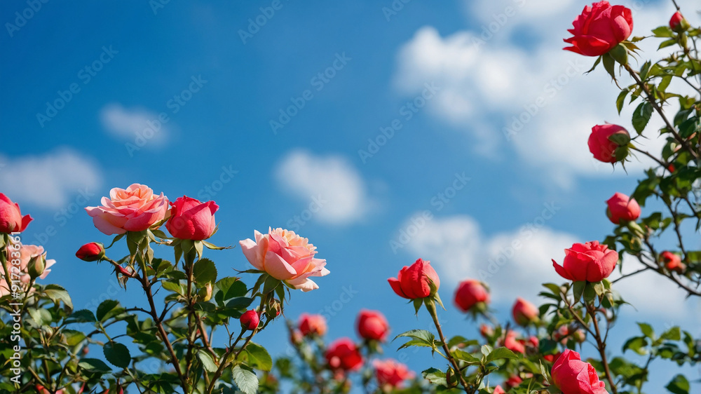 Naklejka premium Beautiful pink roses blooming under a blue sky with scattered clouds in the background, vibrant and fresh.