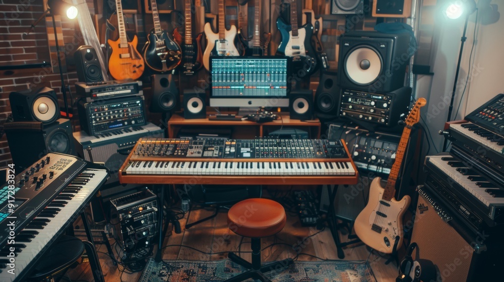 Fototapeta premium soundproof musical studio with table and many instruments