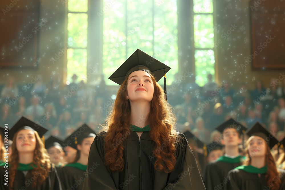 Obraz premium Young woman in graduation cap and gown smiling during a graduation ceremony in a sunlit hall with fellow graduates