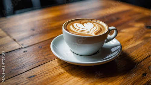 Latte with beautiful heart-shaped latte art in a blue cup on a rustic wooden table in a coffee shop.