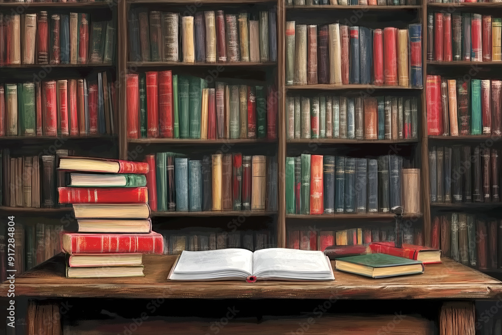 Old library with wooden shelves filled with colorful books and an open book on a rustic table Old library with wooden shelves filled with colorful books and an open book on a rustic table