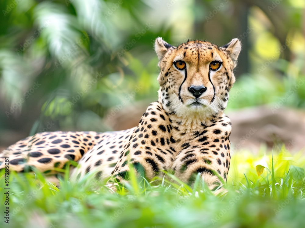 Cheetah resting on grass under a blue sky in the Serengeti during daytime. Generative AI. Cheetah resting on grass under a blue sky in the Serengeti during daytime. Generative AI.