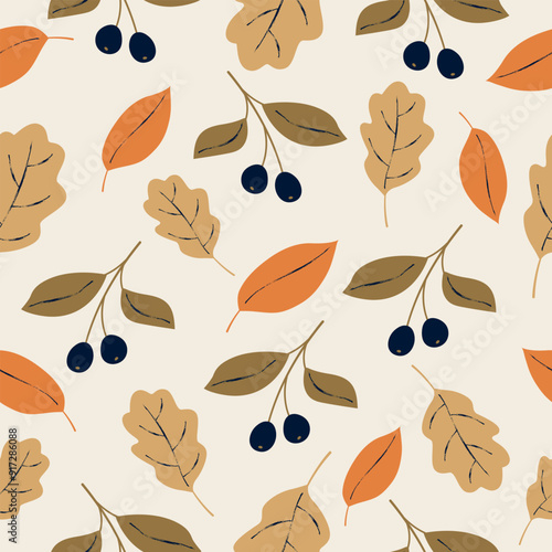 Seamless autumn pattern with leaves and berries