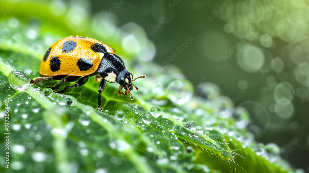 A close-up of a ladybug perched on a leaf covered in droplets in a lush green garden after rain. Generative AI. A close-up of a ladybug perched on a leaf covered in droplets in a lush green garden after rain. Generative AI.