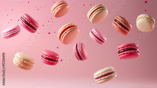 Wallpaper Mural Cakes and Macarons in Motion, Cascading Over a Pink Background Torontodigital.ca