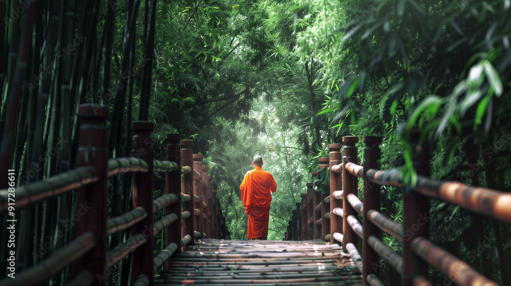 Obraz premium Monks walking on the wooden bridge alongside with bamboo trees in serene vibes. Generative AI.