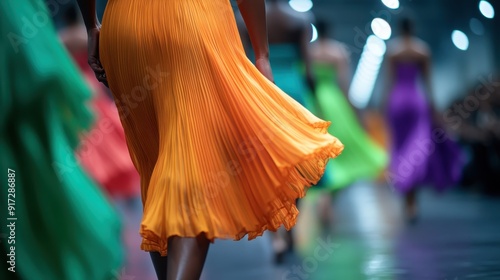 An array of colorful dresses twirling gracefully on a runway, capturing the elegance and motion of a fashion show and the vibrant hues of the stylish attire.