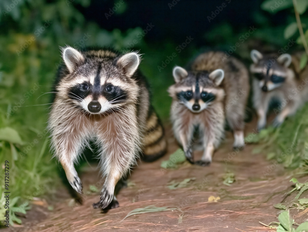 Three raccoons are walking down a path. One of the raccoons is looking at the camera Three raccoons are walking down a path. One of the raccoons is looking at the camera
