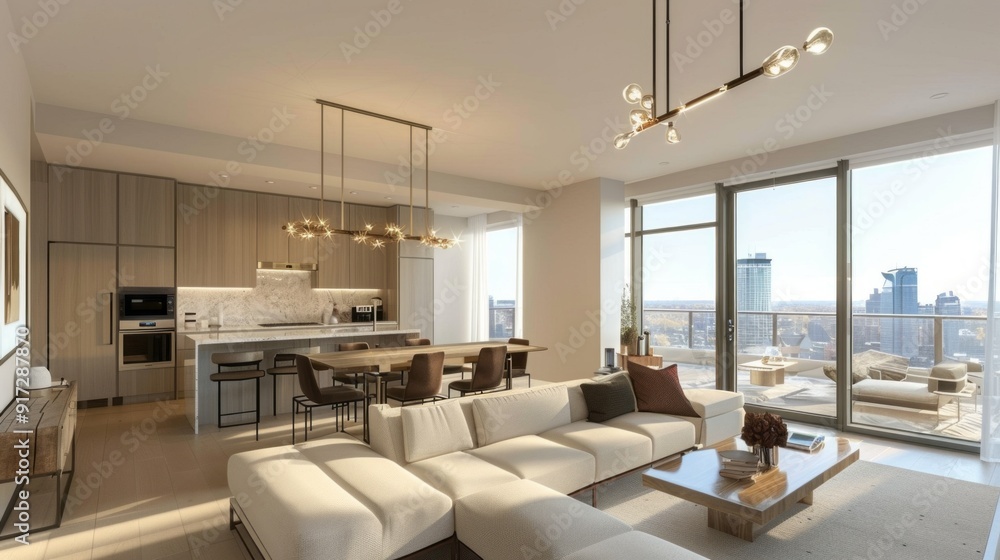 Fototapeta premium A large, open living room with a kitchen and a balcony overlooking the city