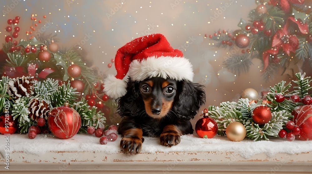 Cute Dachshund Puppy In Santa Hat With Christmas Decorations Cute Dachshund Puppy In Santa Hat With Christmas Decorations