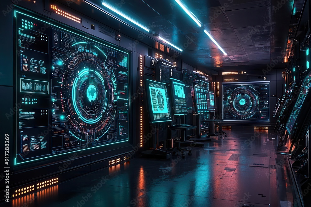 Ecommerce control room, automated inventory management, digital screens ...