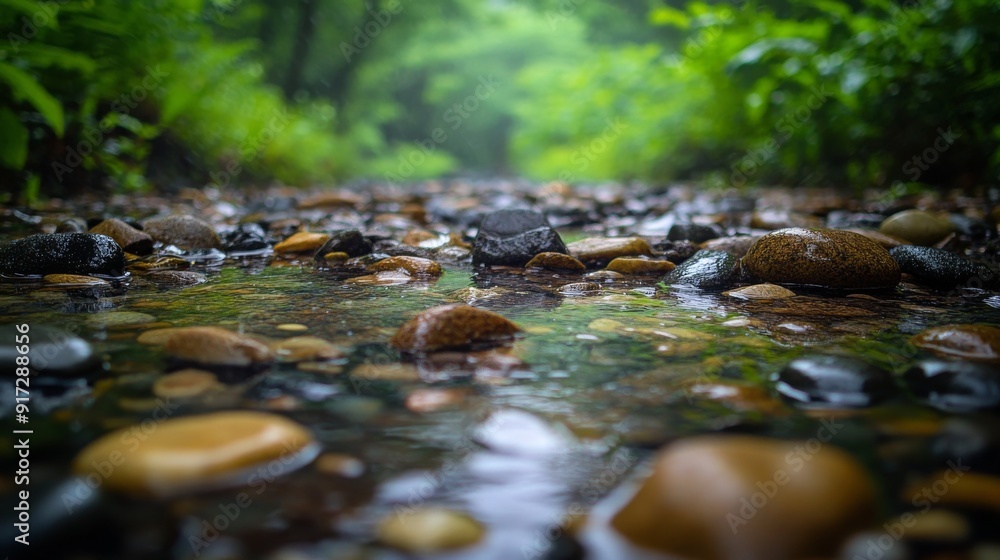 Fototapeta premium Pebble-filled stream in a lush forest