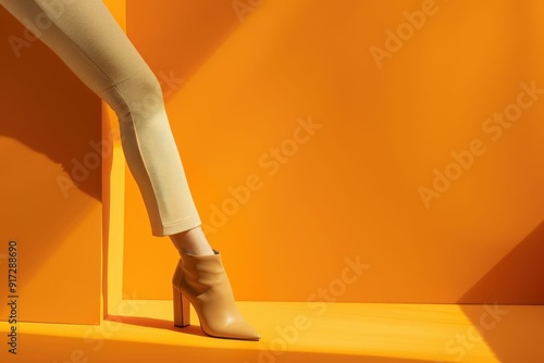 Beautiful woman with a parcel, cardboard box with legs stucking from it over color background  e -commerce concept dut to coronavirus. Beautiful simple AI generated image in 4K, unique. photo