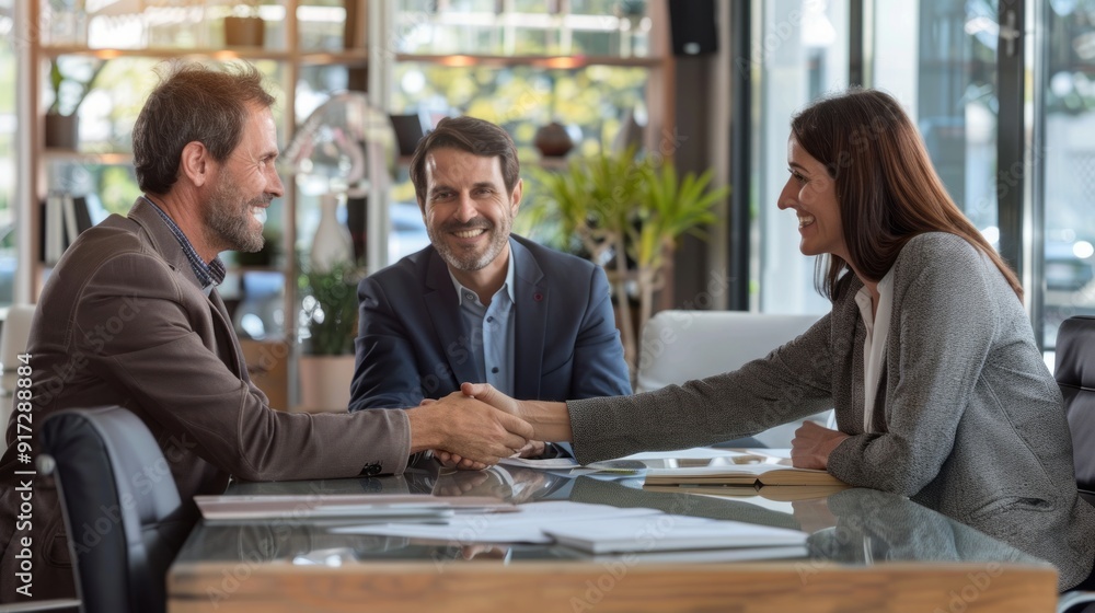 Three people shaking hands in a business meeting Three people shaking hands in a business meeting