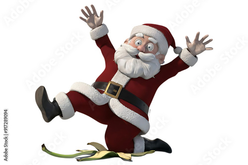 Santa Claus slipping on a banana peel, flailing arms, wide-eyed expression, hilarious 3D render on a white background