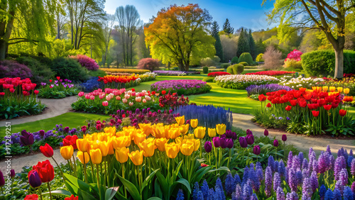 Beautiful spring garden. The green lawn emphasizes the blooming flowers in the garden. A diverse spectrum of colorful flowers, panoramic views, A diverse spectrum of colorful flowers, generative ai