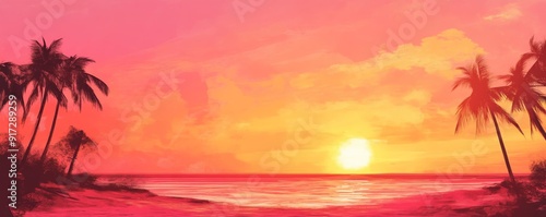 Sunset over tropical beach with palm trees