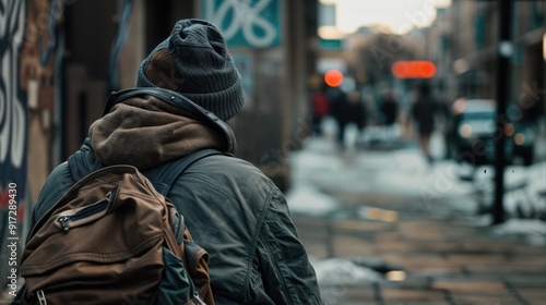 Homeless man walks down the street, rear view. A homeless man in winter, autumn. Close-up. AI generated.