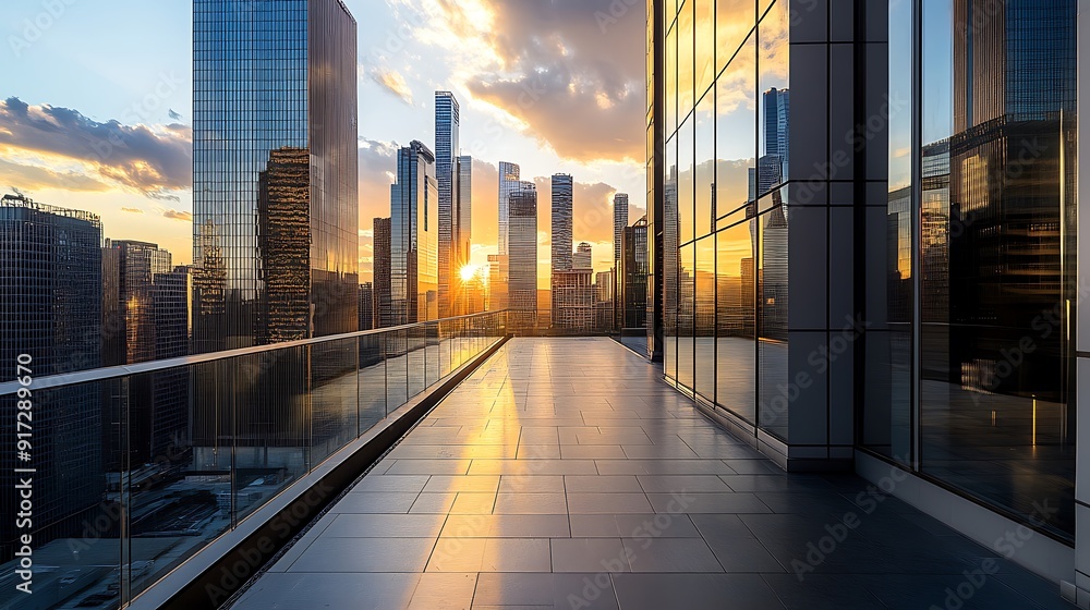 Fototapeta premium Rooftop Terrace with Sunset Views Over Cityscape