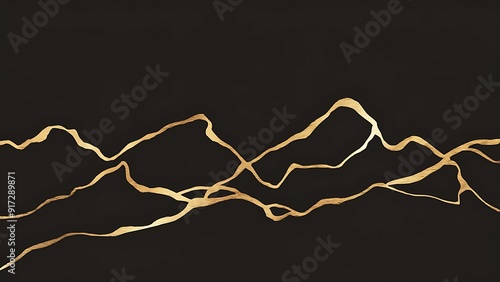 opulent gold line art on black luxury wallpaper with minimalist mountains