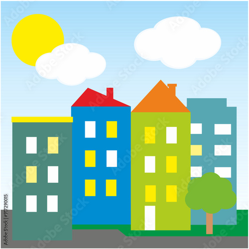Landscape, a group of townhouses, colored houses, tree, street, sky with sun and clouds, vector illustration