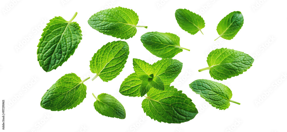 Falling mint leaves spearmint isolated on a white background Falling mint leaves spearmint isolated on a white background