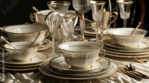 A set of elegant bone china dishes arranged on a luxurious tablecloth, with a few sparkling glasses and a hint of sophistication - Regency style