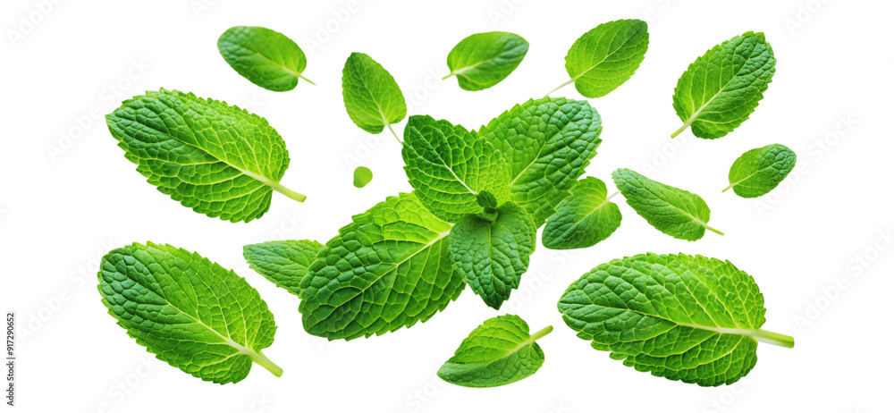 Falling mint leaves spearmint isolated on a white background Falling mint leaves spearmint isolated on a white background