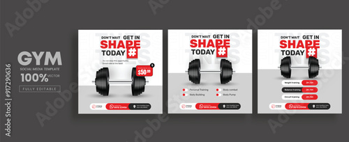 Fitness gym social media post template design with gym equipment. Flyer or poster for fitness club offer promotion.