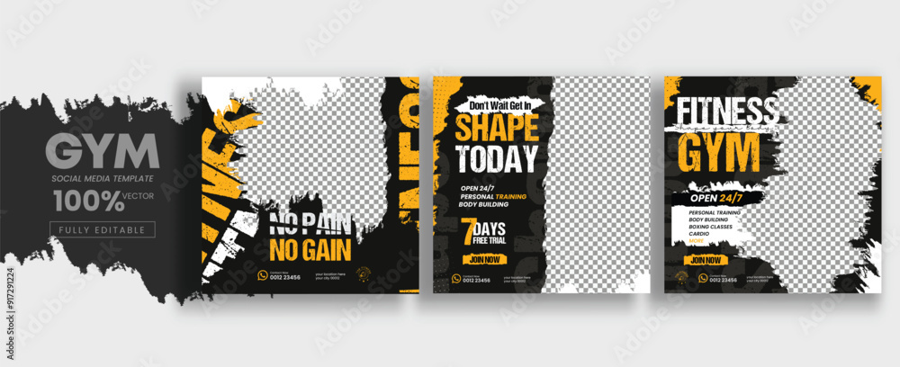 Fitness gym social media post template design with gym equipment. Flyer or poster for fitness club offer promotion. Fitness gym social media post template design with gym equipment. Flyer or poster for fitness club offer promotion.