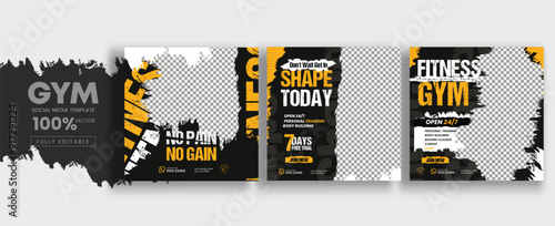 Fitness gym social media post template design with gym equipment. Flyer or poster for fitness club offer promotion.