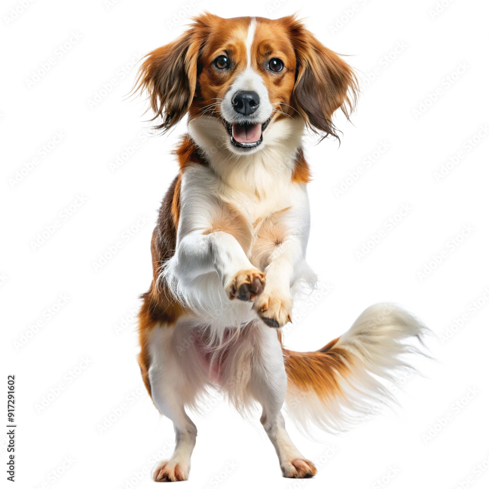 Fototapeta premium kooikerhondje dog jumping standing up happy on isolated background, generative ai