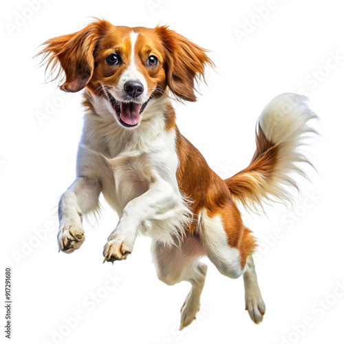 kooikerhondje dog jumping standing up happy on isolated background, generative ai photo