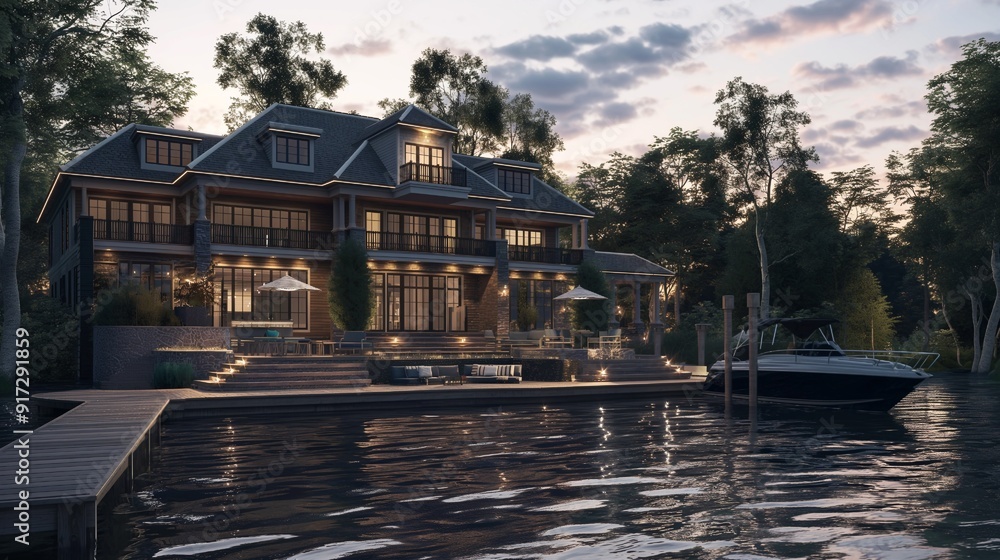 A beautiful house on the water with an oversized dock and a boat at its edge, surrounded by trees The deck features various seating areas for relaxing or socializing during summer nights A beautiful house on the water with an oversized dock and a boat at its edge, surrounded by trees The deck features various seating areas for relaxing or socializing during summer nights