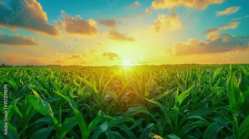 A vibrant sunset over a lush cornfield, showcasing rich greens and a warm glow, perfect for nature and agriculture themes.