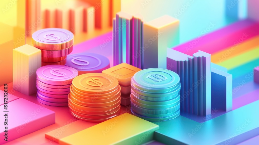 Empowering Financial Future - Vibrant 3D Rendering of Modern Savings Accounts with Motivational Isometric View on Rainbow Background Empowering Financial Future - Vibrant 3D Rendering of Modern Savings Accounts with Motivational Isometric View on Rainbow Background