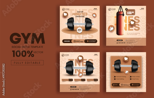 Fitness gym social media post banner template with gym equipment, gym, workout, fitness, and sports social media post banner design.